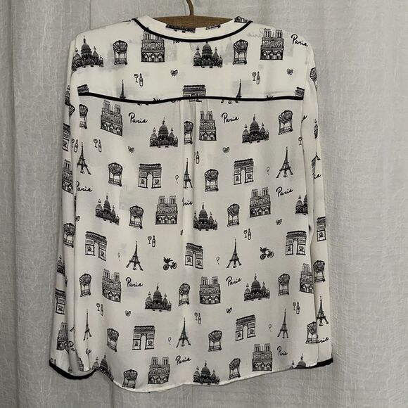 Talbots L Ivory Black Paris Eiffel Tower Print Long Sleeve Button Yoke Blouse - Picture 5 of 13